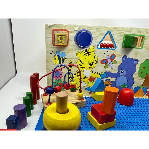 Toy Chest Wooden Alphabet Lego Top + 57 Misc. Pieces 14x7x8  .01:S1418 - Picture 9 of 12